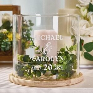 Personalized Wedding Hurricane with Wood Base Candle Holder Wedding Decor Gifts